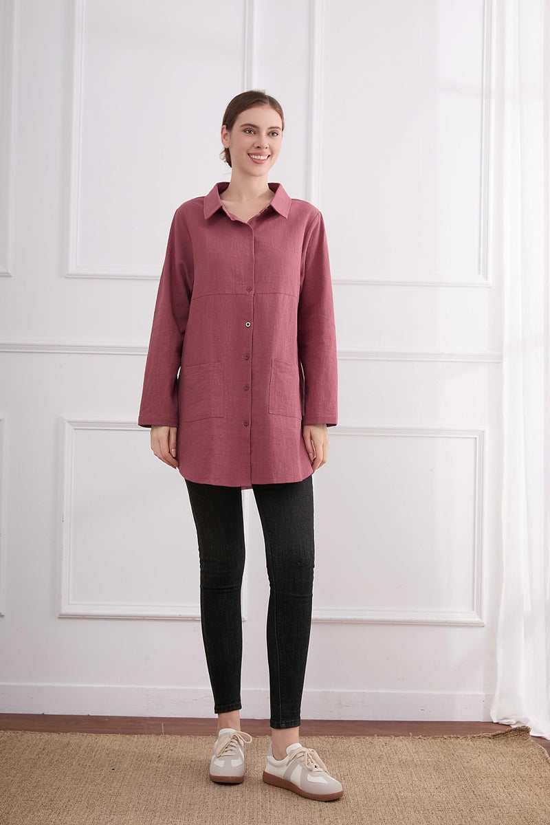 Minibee قمصان نسائية من الكتان من ميني بي بأزرار طويلة بلوزة بحجم زائد مع جيوب حمراء M - Image 5